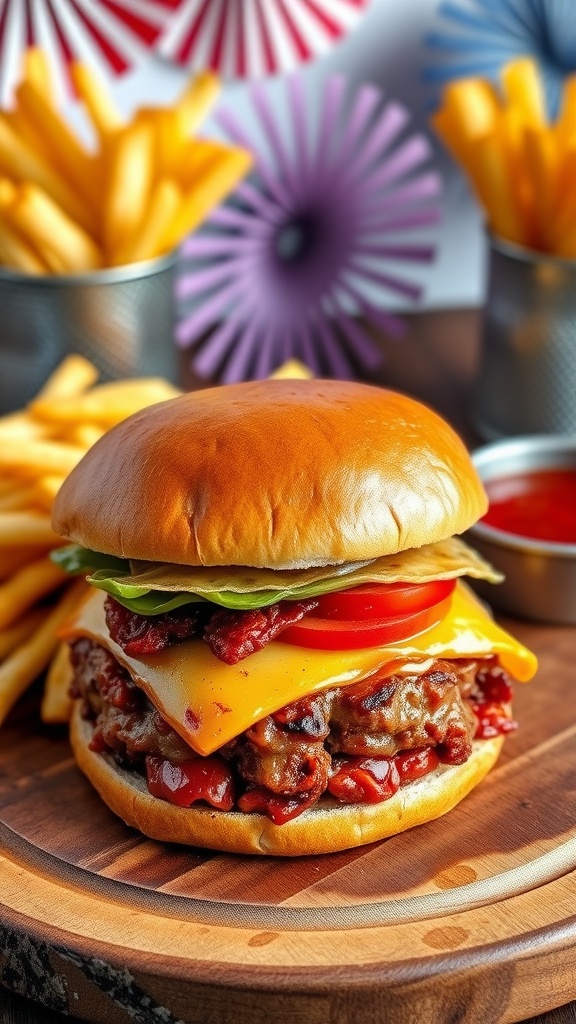 Grilled BBQ burger on a platter with fries and barbecue sauce, decorated for 4th of July.